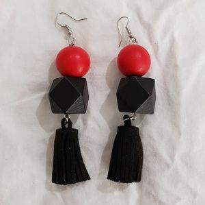 Boho Leather Tassel Drop Earrings Wood Detail